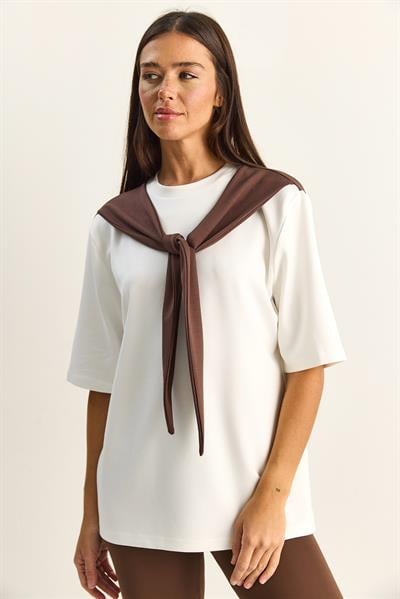 Kadın Şal Detaylı Oversize Basic T-Shirt 1094 60286118 - Beyaz-Kahve