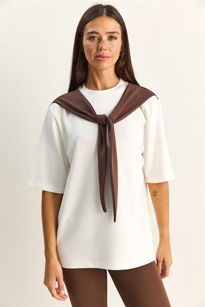 Kadın Şal Detaylı Oversize Basic T-Shirt 1094 60286118 - Beyaz-Kahve