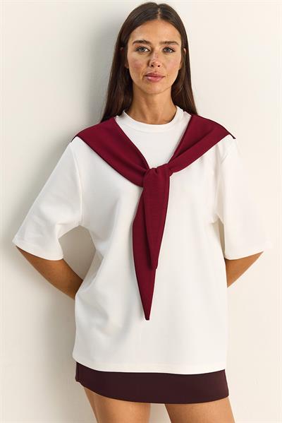 Kadın Şal Detaylı Oversize Basic T-Shirt 1094 60286118 - Beyaz-Bordo
