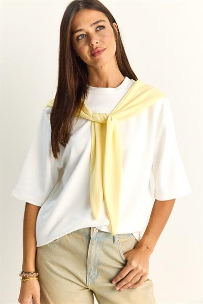 Kadın Şal Detaylı Oversize Basic T-Shirt 1094 60286118 - Beyaz-Sarı