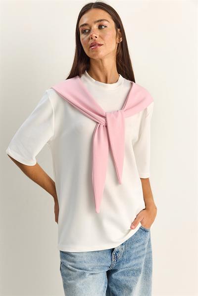 Kadın Şal Detaylı Oversize Basic T-Shirt 1094 60286118 - Beyaz-Pembe