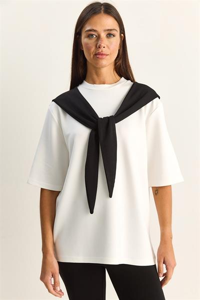 Kadın Şal Detaylı Oversize Basic T-Shirt 1094 60286118 - Beyaz-Siyah