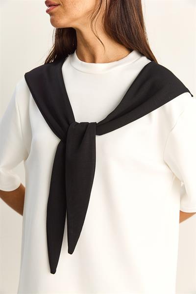 Kadın Şal Detaylı Oversize Basic T-Shirt 1094 60286118 - Beyaz-Siyah