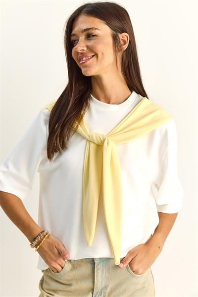 Kadın Şal Detaylı Oversize Basic T-Shirt 1094 60286118 - Beyaz-Sarı