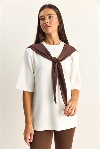 Kadın Şal Detaylı Oversize Basic T-Shirt 1094 60286118 - Beyaz-Kahve