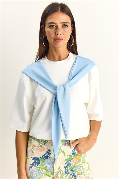 Kadın Şal Detaylı Oversize Basic T-Shirt 1094 60286118 - Beyaz-Bebe Mavi
