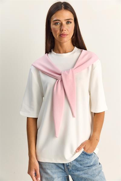 Kadın Şal Detaylı Oversize Basic T-Shirt 1094 60286118 - Beyaz-Pembe