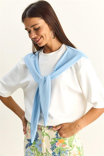 Kadın Şal Detaylı Oversize Basic T-Shirt 1094 60286118 - Beyaz-Bebe Mavi