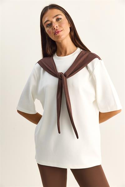 Kadın Şal Detaylı Oversize Basic T-Shirt 1094 60286118 - Beyaz-Kahve