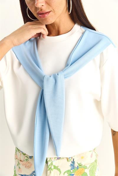 Kadın Şal Detaylı Oversize Basic T-Shirt 1094 60286118 - Beyaz-Bebe Mavi