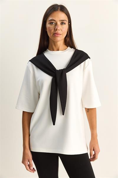 Kadın Şal Detaylı Oversize Basic T-Shirt 1094 60286118 - Beyaz-Siyah