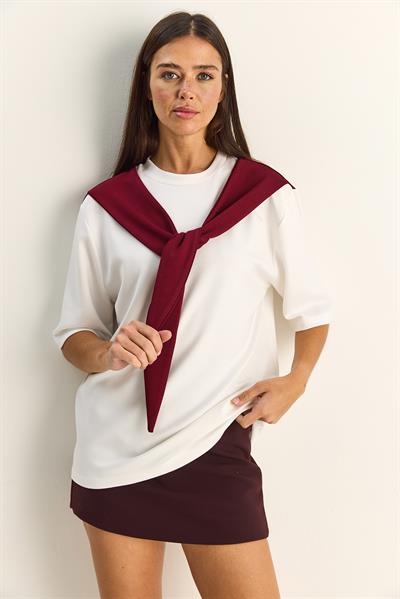 Kadın Şal Detaylı Oversize Basic T-Shirt 1094 60286118 - Beyaz-Bordo