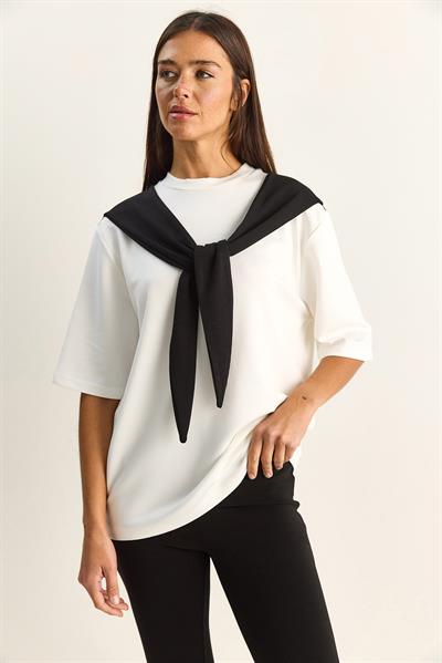 Kadın Şal Detaylı Oversize Basic T-Shirt 1094 60286118 - Beyaz-Siyah