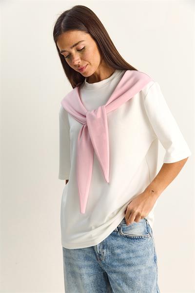 Kadın Şal Detaylı Oversize Basic T-Shirt 1094 60286118 - Beyaz-Pembe