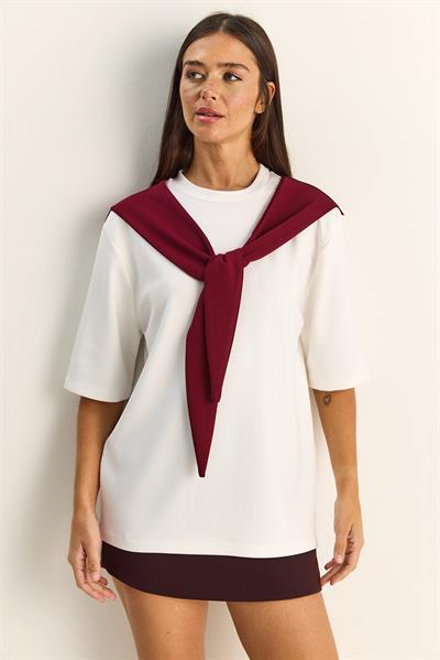 Kadın Şal Detaylı Oversize Basic T-Shirt 1094 60286118 - Beyaz-Bordo