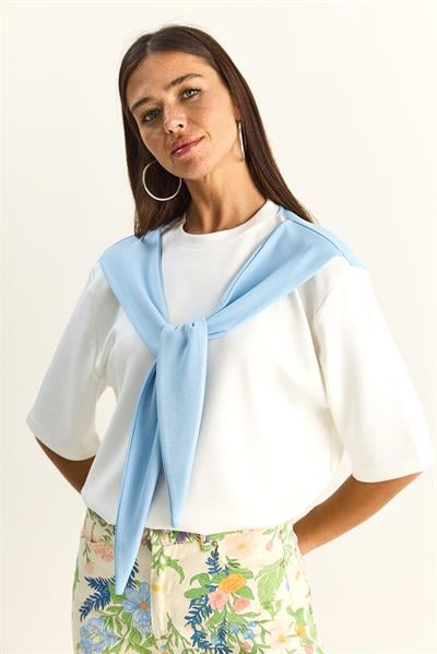 Kadın Şal Detaylı Oversize Basic T-Shirt 1094 60286118 - Beyaz-Bebe Mavi