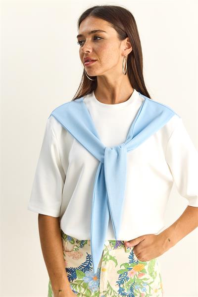Kadın Şal Detaylı Oversize Basic T-Shirt 1094 60286118 - Beyaz-Bebe Mavi