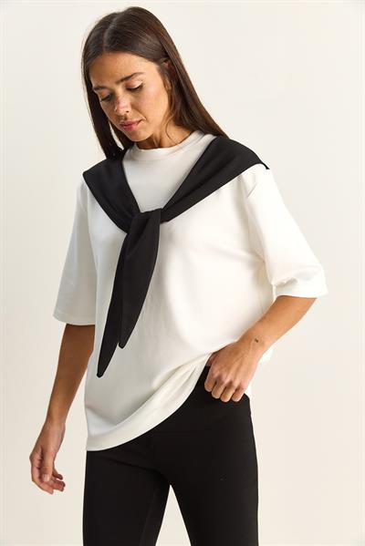 Kadın Şal Detaylı Oversize Basic T-Shirt 1094 60286118 - Beyaz-Siyah