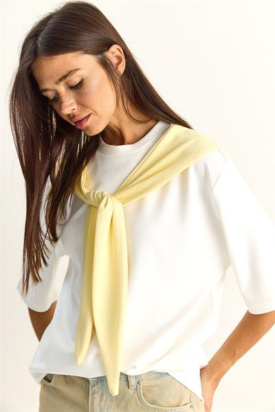 Kadın Şal Detaylı Oversize Basic T-Shirt 1094 60286118 - Beyaz-Sarı