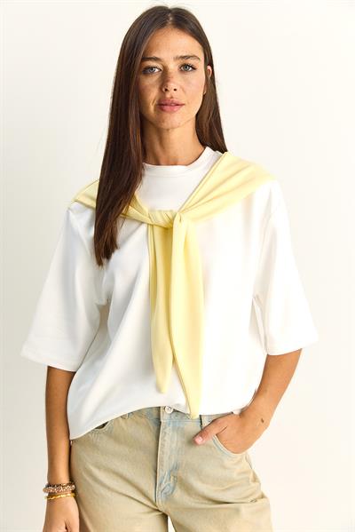Kadın Şal Detaylı Oversize Basic T-Shirt 1094 60286118 - Beyaz-Sarı
