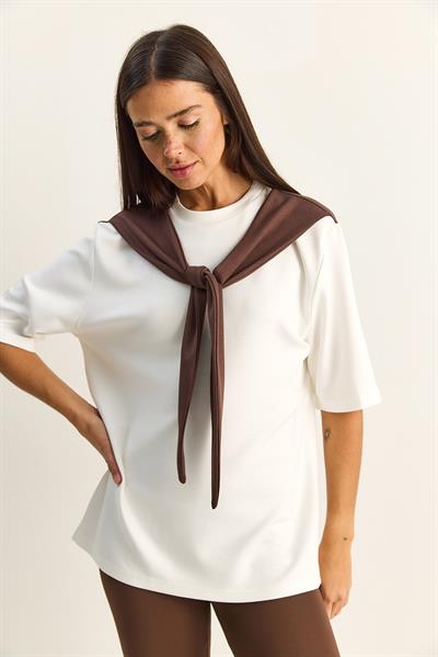 Kadın Şal Detaylı Oversize Basic T-Shirt 1094 60286118 - Beyaz-Kahve