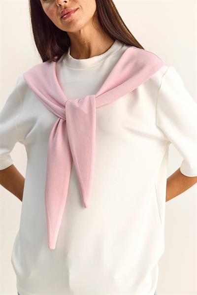 Kadın Şal Detaylı Oversize Basic T-Shirt 1094 60286118 - Beyaz-Pembe