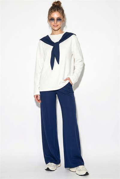 Kadın Şal Detaylı Uzun Kollu Basic T-Shirt Beli Lastikli Bol Pantolon Alt-Üst Modal Takım 4126 60286249 - Lacivert