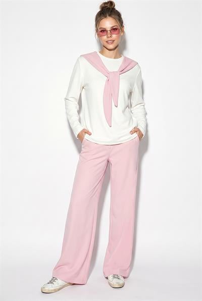 Kadın Şal Detaylı Uzun Kollu Basic T-Shirt Beli Lastikli Bol Pantolon Alt-Üst Modal Takım 4126 60286249 - Pembe