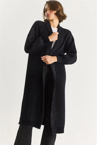 Kadın Şal Yaka Yumuşak Dokulu Sakallı Uzun Triko Yumoş Hırka TH251015 60283574 - Siyah