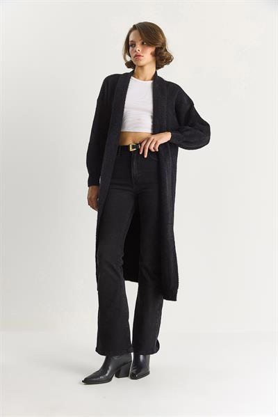 Kadın Şal Yaka Yumuşak Dokulu Sakallı Uzun Triko Yumoş Hırka TH251015 60283574 - Siyah