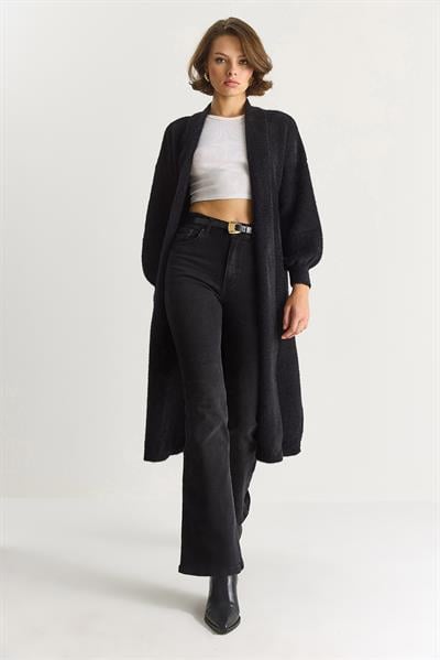 Kadın Şal Yaka Yumuşak Dokulu Sakallı Uzun Triko Yumoş Hırka TH251015 60283574 - Siyah