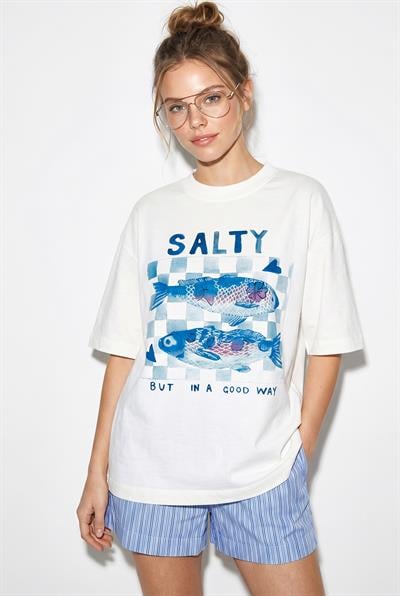 Kadın Salty Baskılı %100 Pamuk Bisiklet Yaka Oversize Basic T-Shirt ÖT261015 60286254 - Beyaz