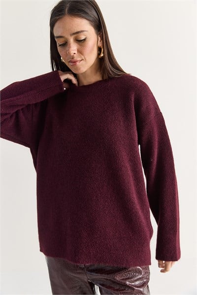 Kadın Şardonlu Bisiklet Yaka Oversize Triko Kazak 4761 60286705 - Bordo