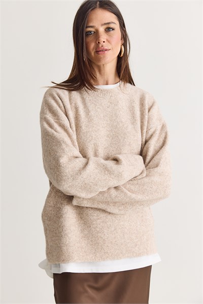 Kadın Şardonlu Bisiklet Yaka Oversize Triko Kazak 4761 60286705 - Bej