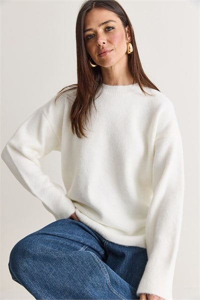 Kadın Şardonlu Bisiklet Yaka Oversize Triko Kazak 4761 60286705 - Beyaz