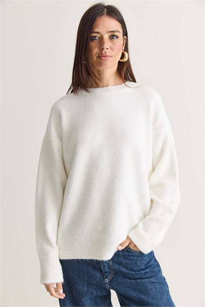 Kadın Şardonlu Bisiklet Yaka Oversize Triko Kazak 4761 60286705 - Beyaz