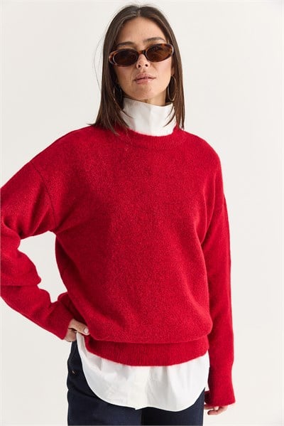 Kadın Şardonlu Bisiklet Yaka Oversize Triko Kazak 4761 60286705 - Kırmızı