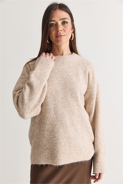 Kadın Şardonlu Bisiklet Yaka Oversize Triko Kazak 4761 60286705 - Bej