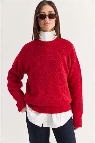Kadın Şardonlu Bisiklet Yaka Oversize Triko Kazak 4761 60286705 - Kırmızı