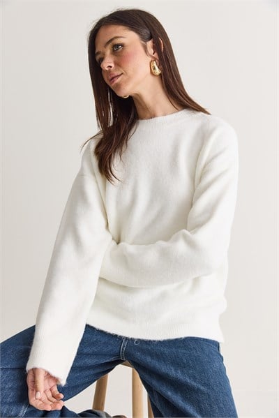 Kadın Şardonlu Bisiklet Yaka Oversize Triko Kazak 4761 60286705 - Beyaz