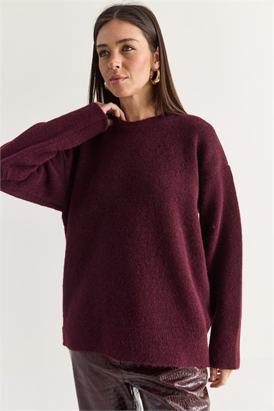 Kadın Şardonlu Bisiklet Yaka Oversize Triko Kazak 4761 60286705 - Bordo