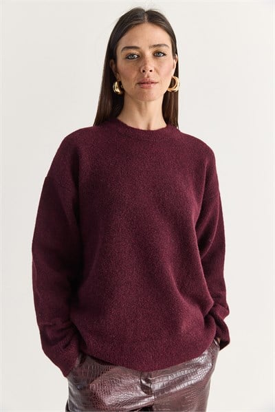 Kadın Şardonlu Bisiklet Yaka Oversize Triko Kazak 4761 60286705 - Bordo