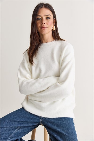 Kadın Şardonlu Bisiklet Yaka Oversize Triko Kazak 4761 60286705 - Beyaz