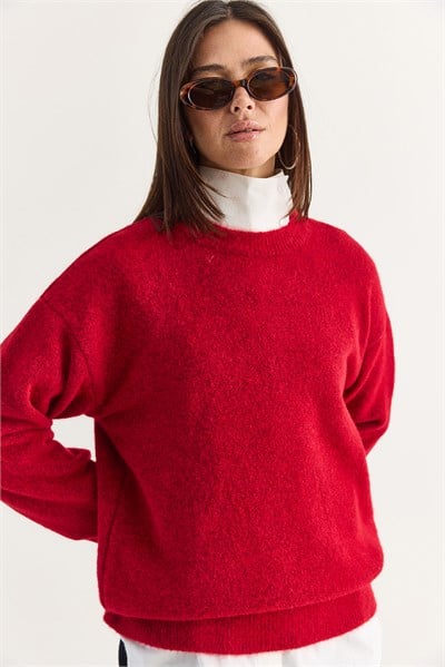 Kadın Şardonlu Bisiklet Yaka Oversize Triko Kazak 4761 60286705 - Kırmızı