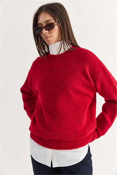 Kadın Şardonlu Bisiklet Yaka Oversize Triko Kazak 4761 60286705 - Kırmızı