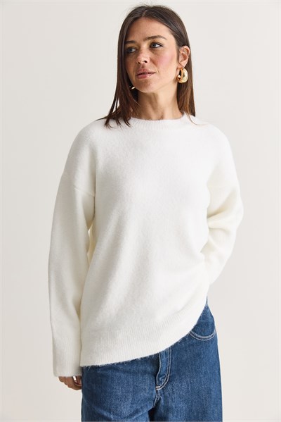 Kadın Şardonlu Bisiklet Yaka Oversize Triko Kazak 4761 60286705 - Beyaz