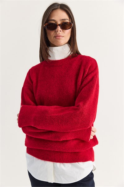 Kadın Şardonlu Bisiklet Yaka Oversize Triko Kazak 4761 60286705 - Kırmızı