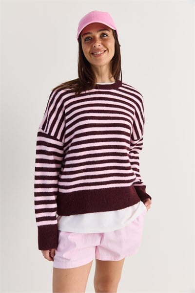 Kadın Şardonlu Çizgili Bisiklet Yaka Oversize Triko Kazak 2870 60286612 - Mürdüm