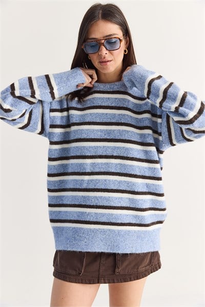 Kadın Şardonlu Çizgili Bisiklet Yaka Oversize Triko Kazak 5536 60286709 - Mavi-Kahverengi