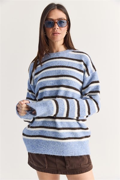 Kadın Şardonlu Çizgili Bisiklet Yaka Oversize Triko Kazak 5536 60286709 - Mavi-Kahverengi